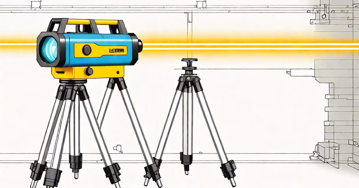 Laser level tool mounted on tripod projecting beams onto a wall
