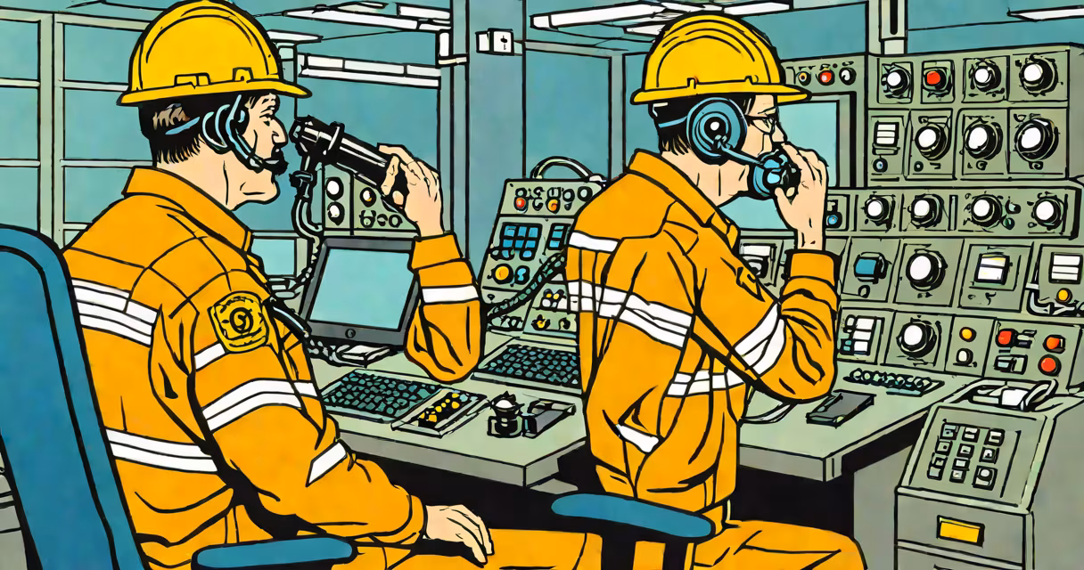 Emergency operator at a dispatch console with gas leak protocols displayed