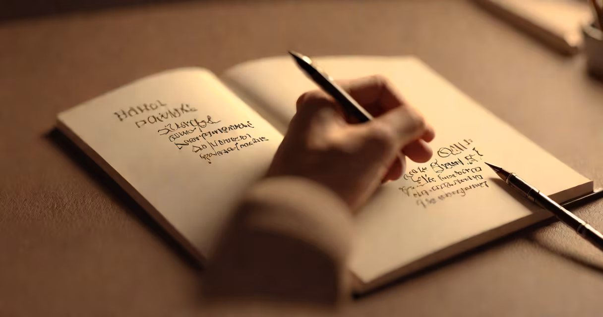 A person writing in a journal with a pen