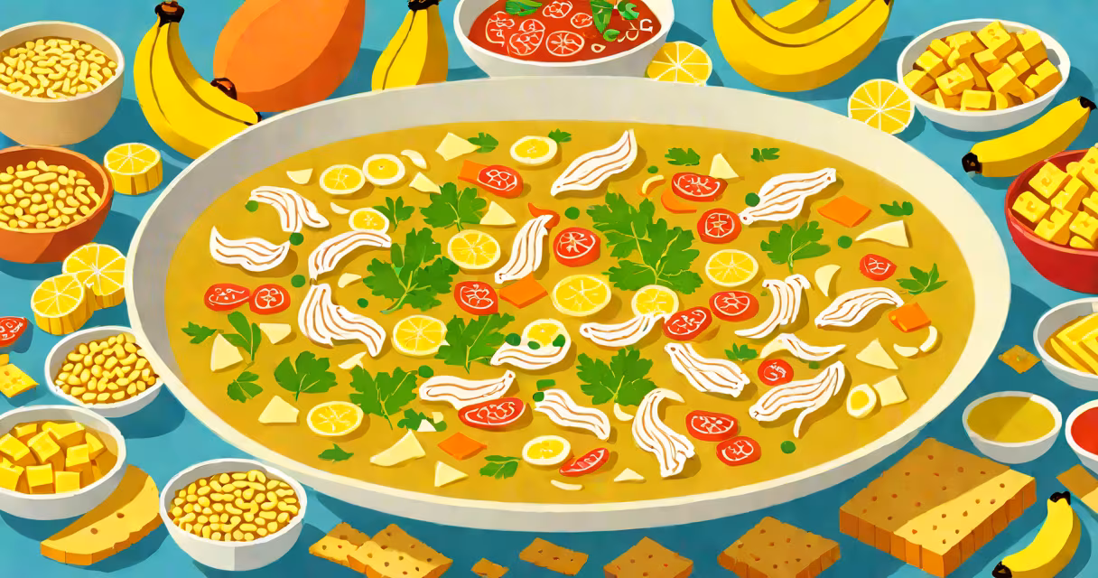 A bowl of chicken soup with steam rising, surrounded by other gentle foods like crackers and bananas.