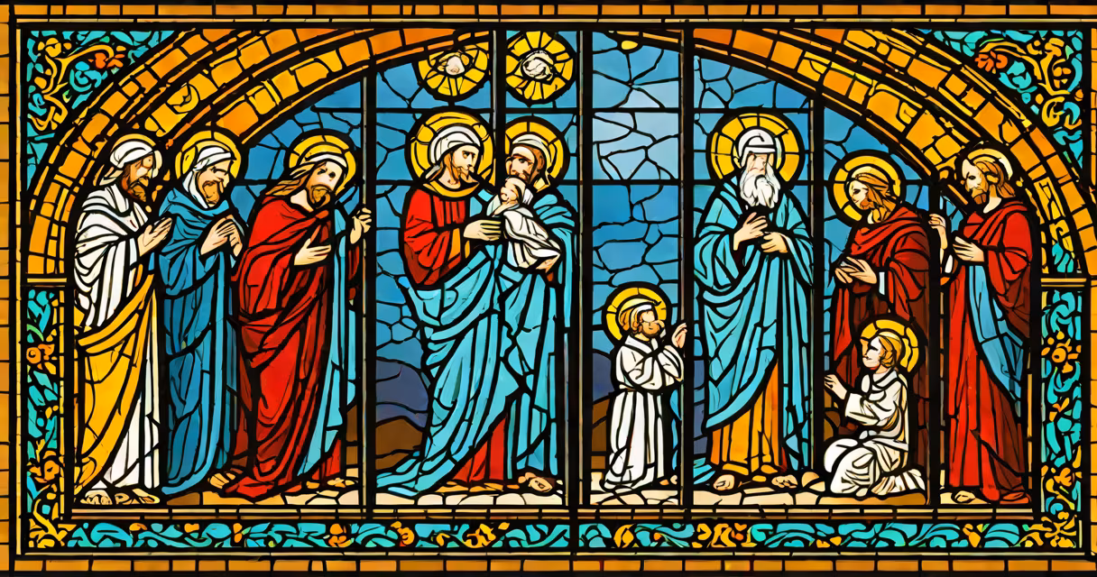 A stained glass window depicting a biblical miracle scene
