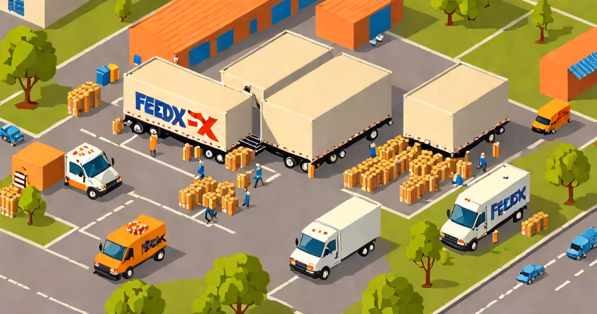 A FedEx delivery truck parked in front of a shipping warehouse