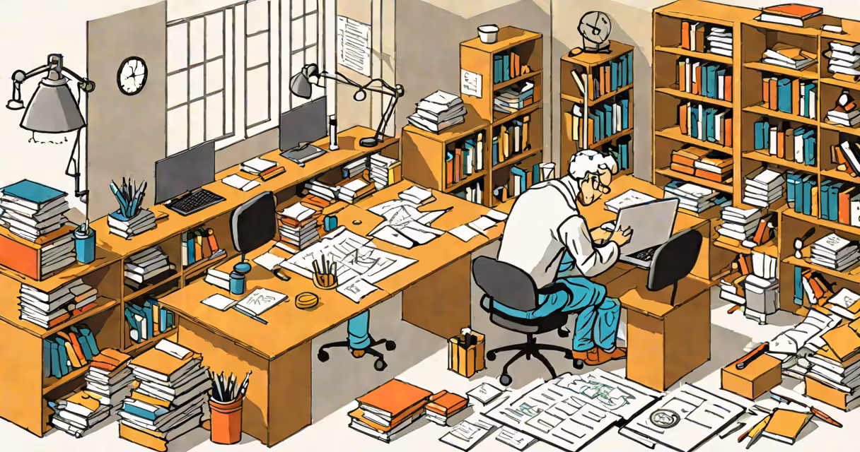 A scholar working at a desk surrounded by books and research papers