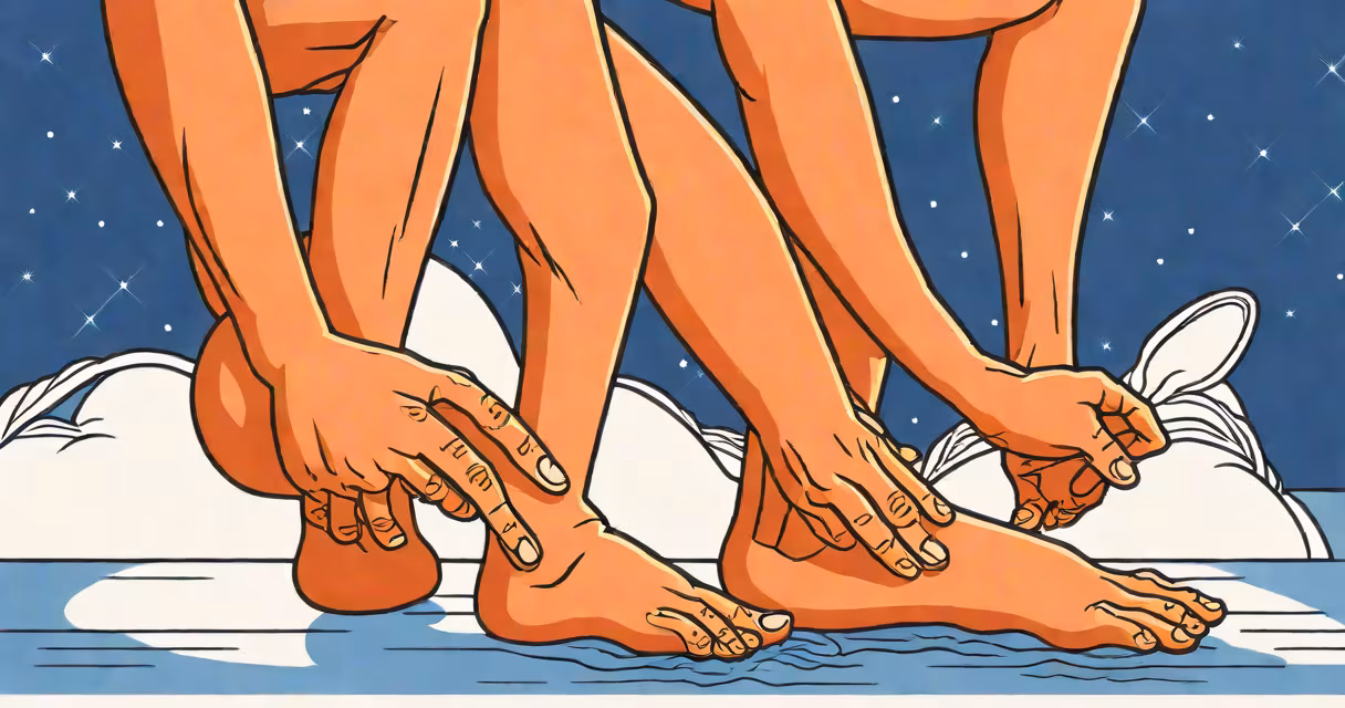 A person gripping their calf in pain during a nighttime cramp