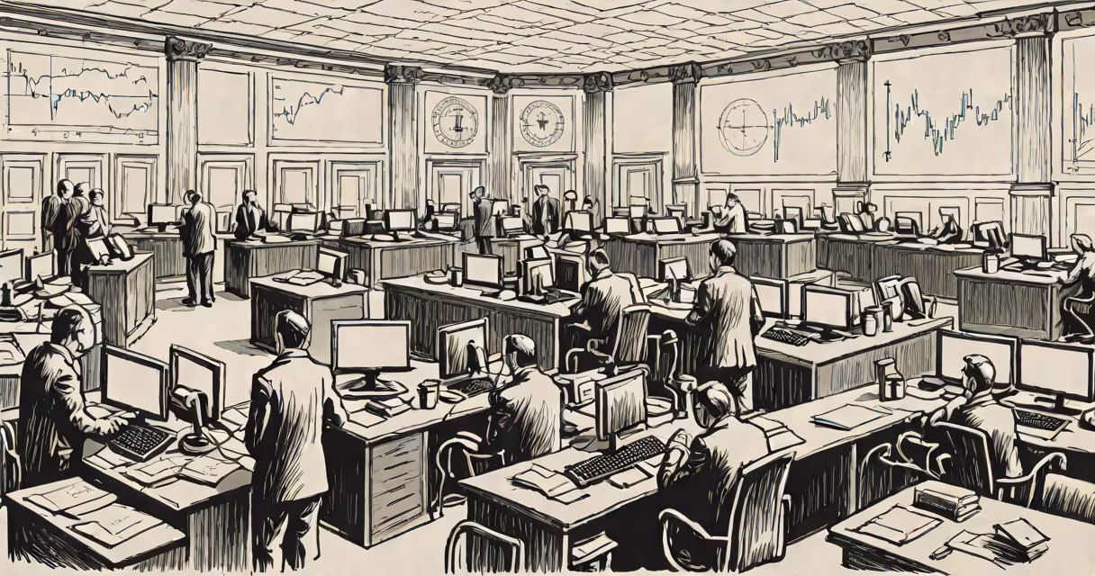 A stock exchange floor with traders actively buying and selling securities