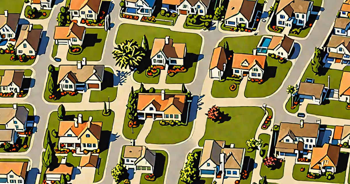Aerial view of a residential neighborhood with property boundaries outlined