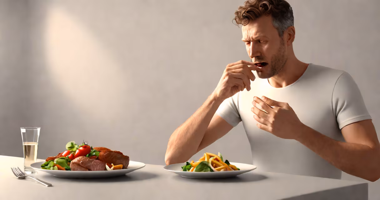 A person holding their stomach with a thoughtful expression