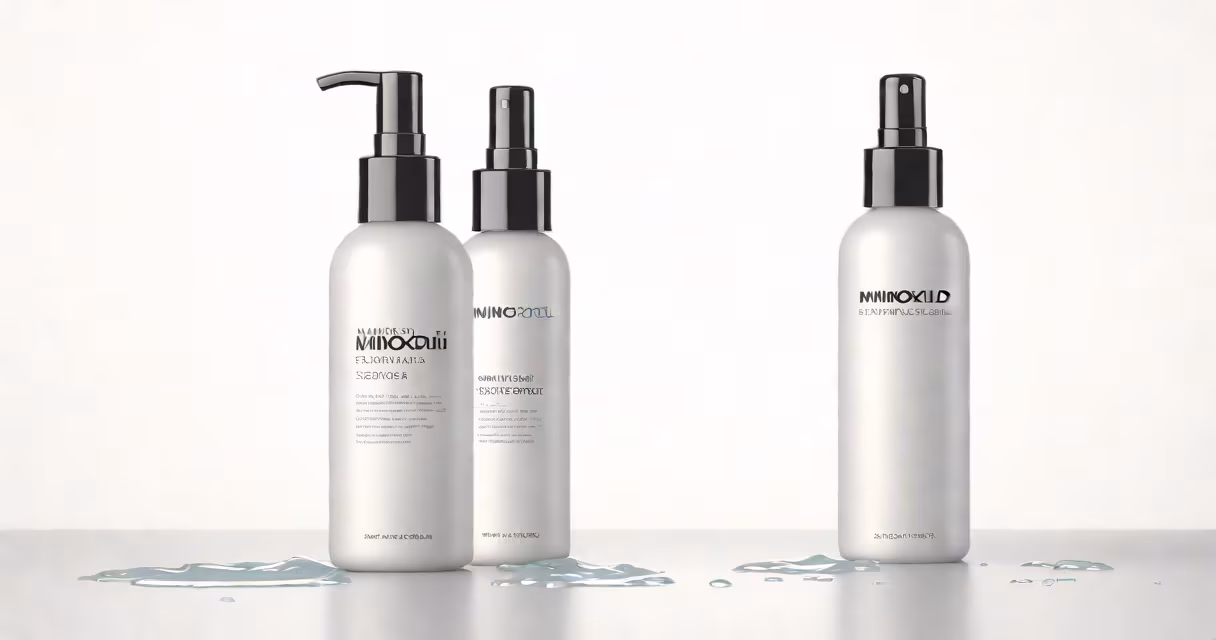 Bottle of minoxidil solution against a white background