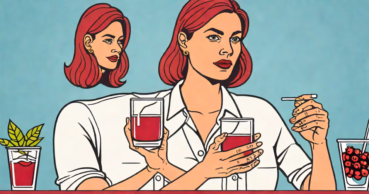 A woman holding a glass of water and cranberry juice