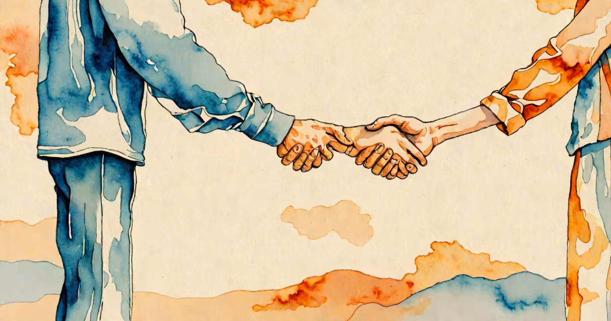 Two people standing apart but holding hands, symbolizing connection with space