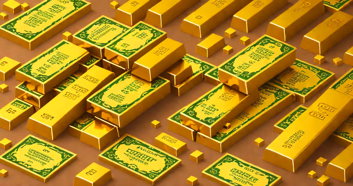 Gold mining stock certificates and a gold bar on a wooden table
