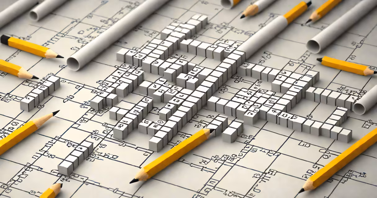 A partially filled crossword puzzle grid with a pencil nearby