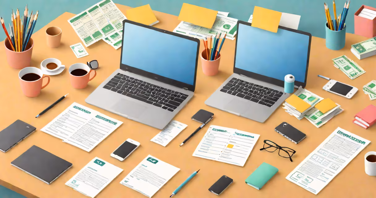 Laptop, receipts, and travel tickets on a desk representing employee business expenses
