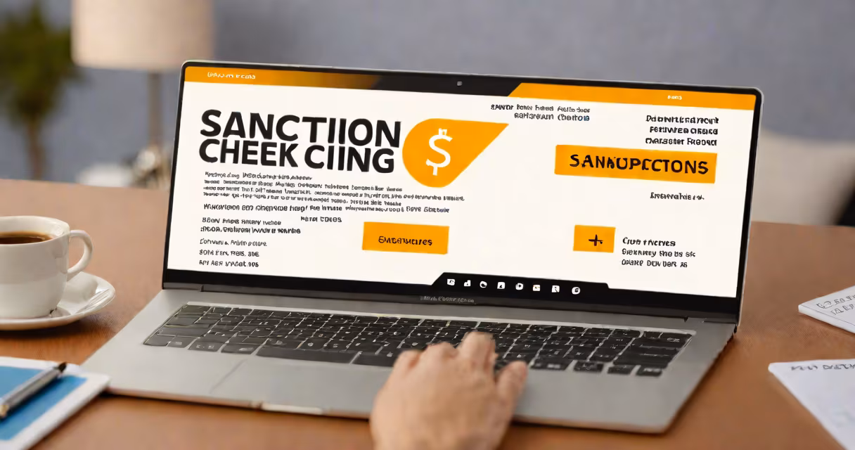 Laptop displaying a sanctions screening report with highlighted results