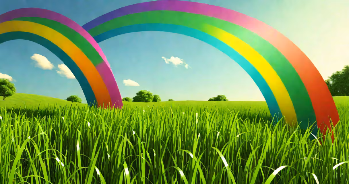 Rainbow arching over a grassy field with visible color bands