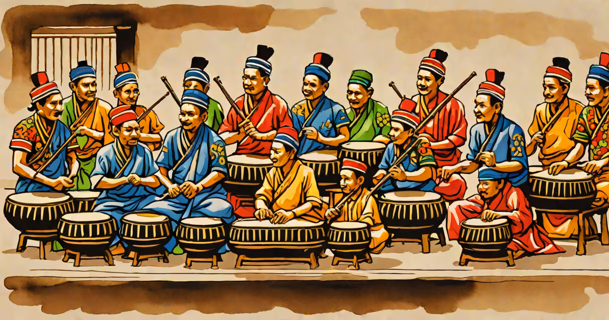 A traditional Javanese gamelan ensemble performing on stage