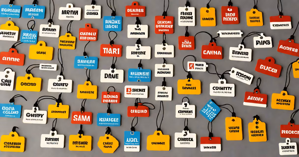 A collection of name tags with country codes attached to a lanyard
