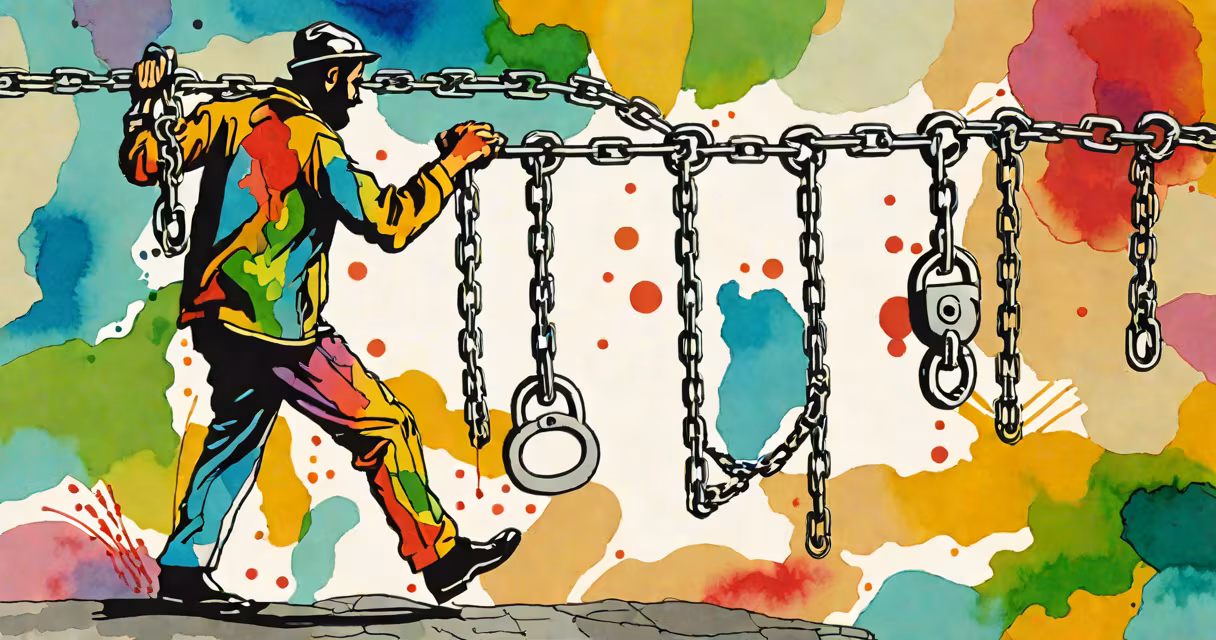 Ilustración de una figura humana rompiendo cadenas contra un fondo de colores vibrantes
