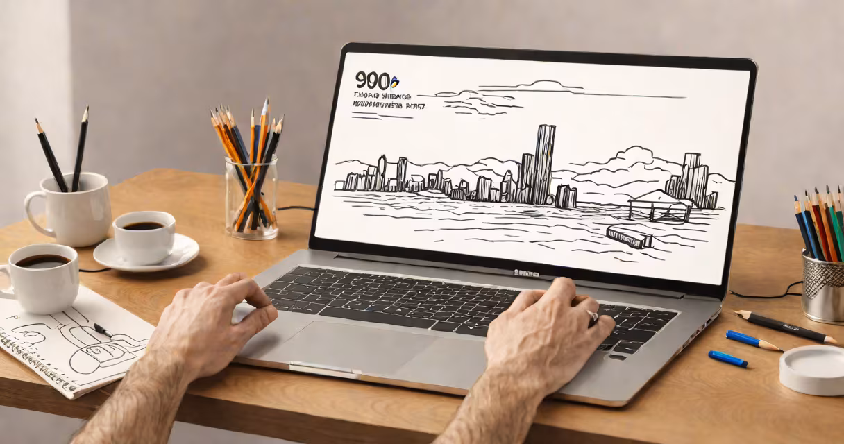Laptop displaying a speed test showing 900 Mbps on a wooden desk