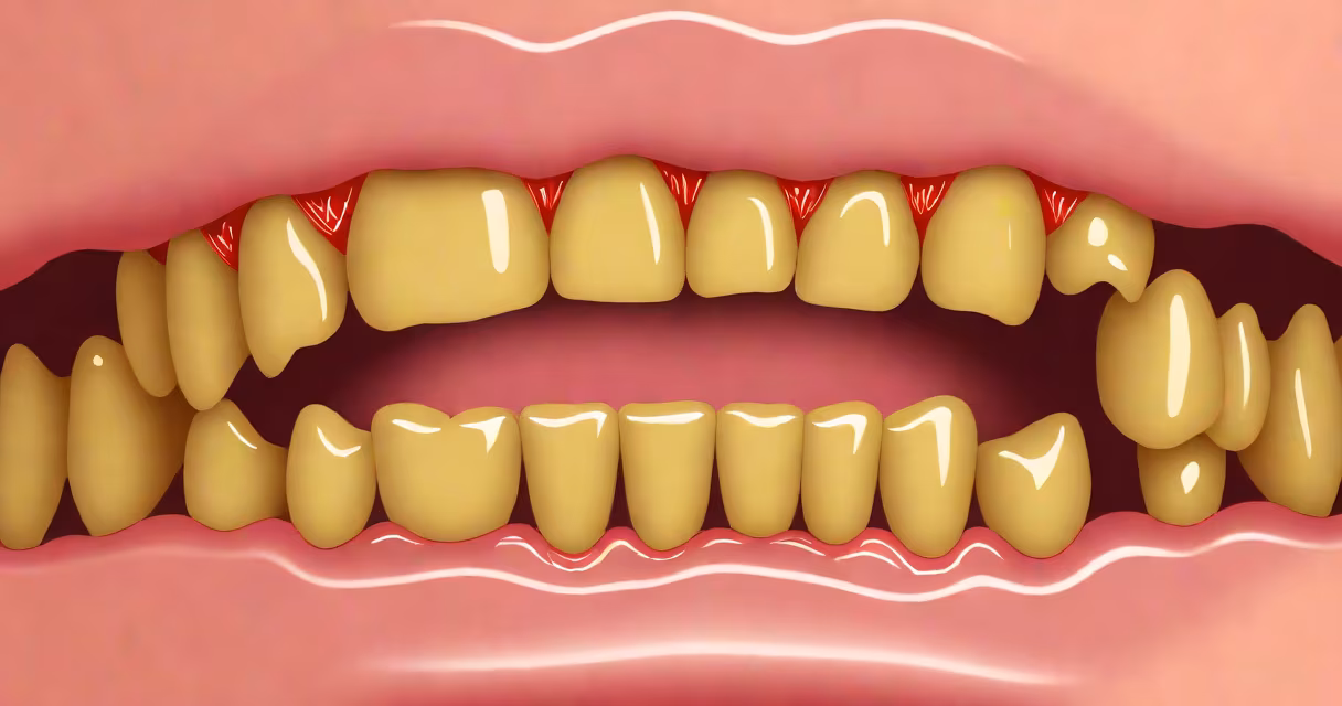 Close-up of a small scab on the inner upper gum near a tooth